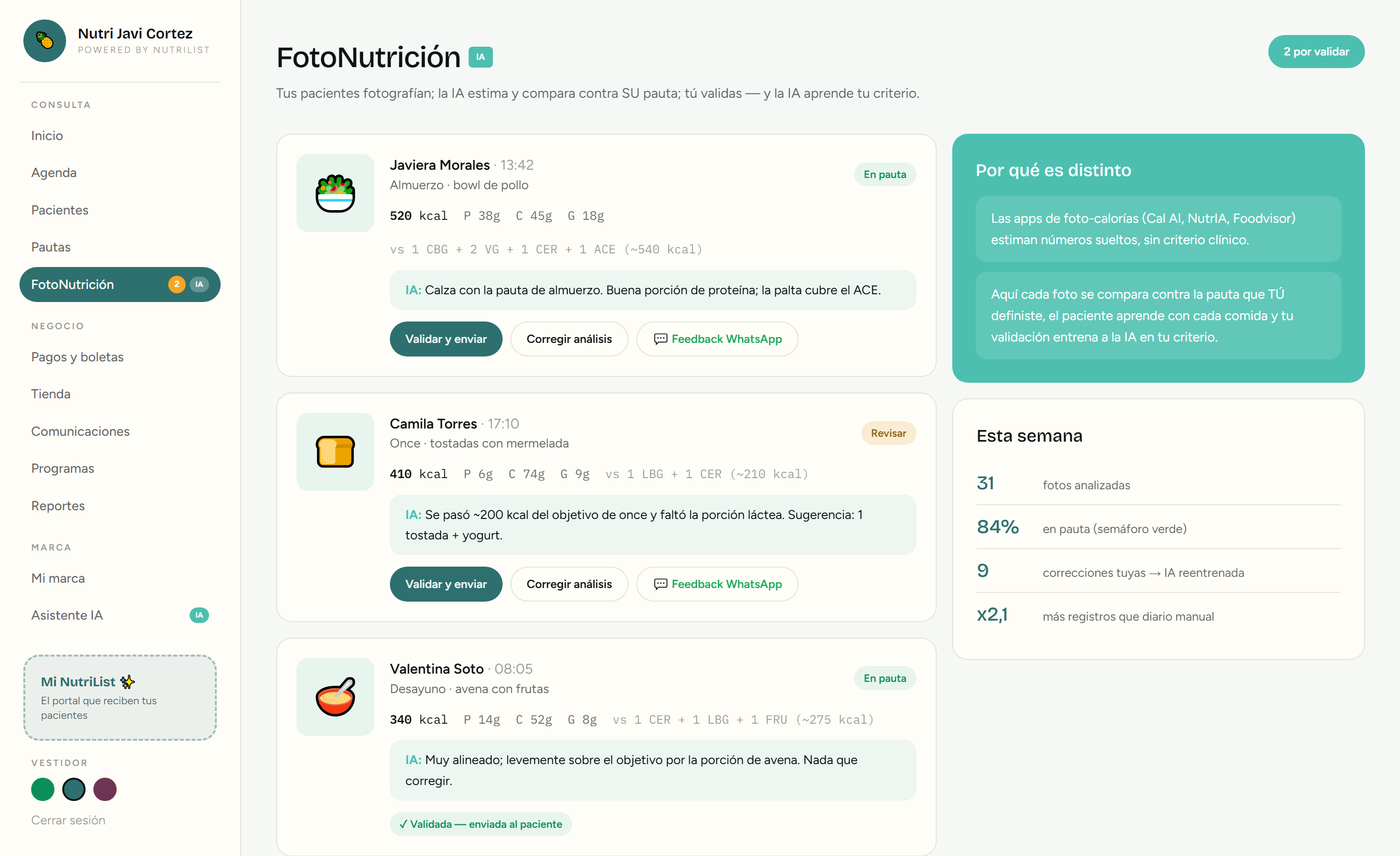 Módulo FotoNutrición de NUTRILIST Pro validando comidas de pacientes